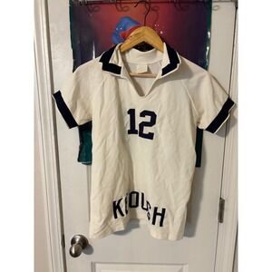 Vintage Russell Sportswear Keough 12 Jersey Cream Navy Blue V-Neck Top Misses 12